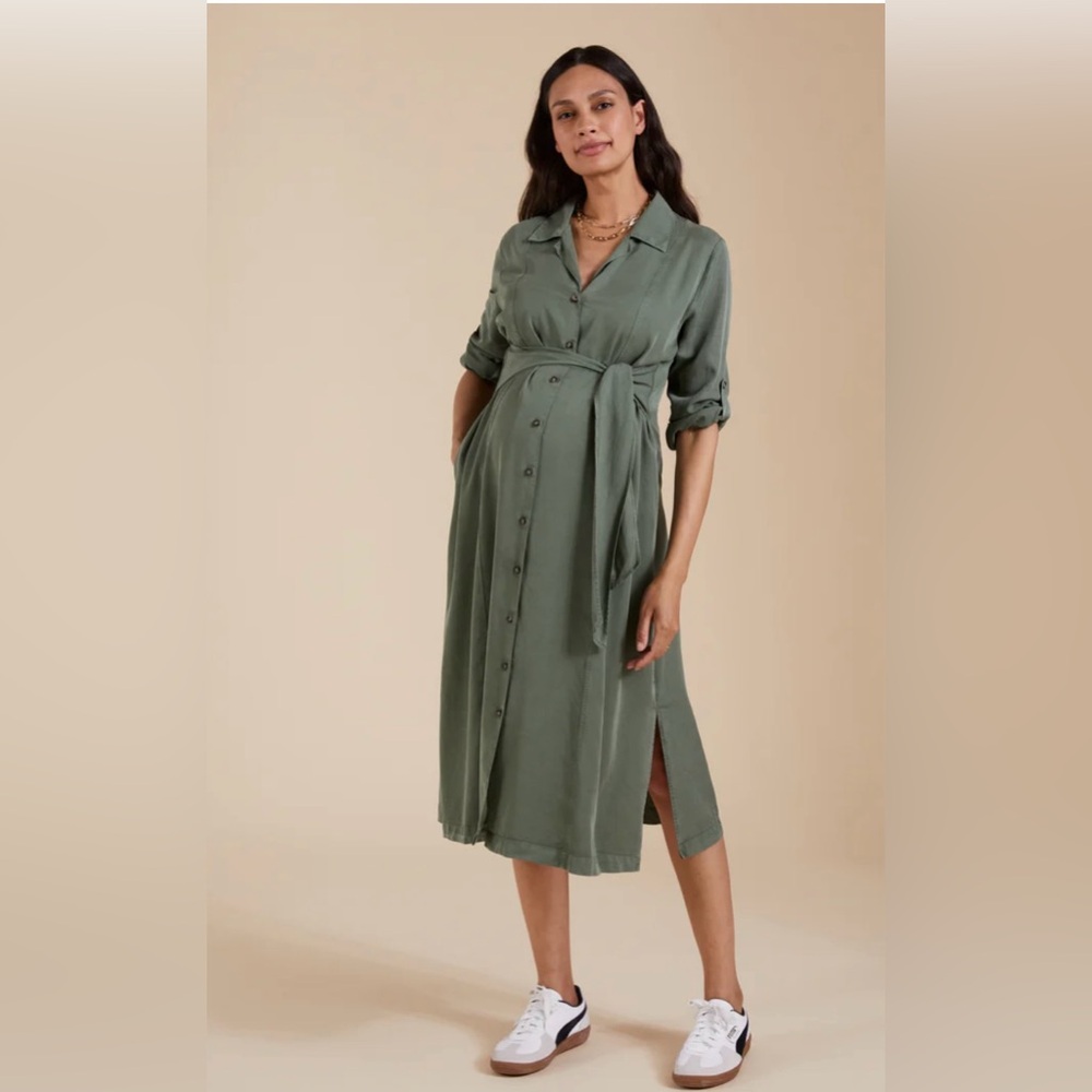 Isabella Oliver Kelsey Maternity & Nursing Dress, Olive Green Midi Shirt Dress - Picture 5 of 14